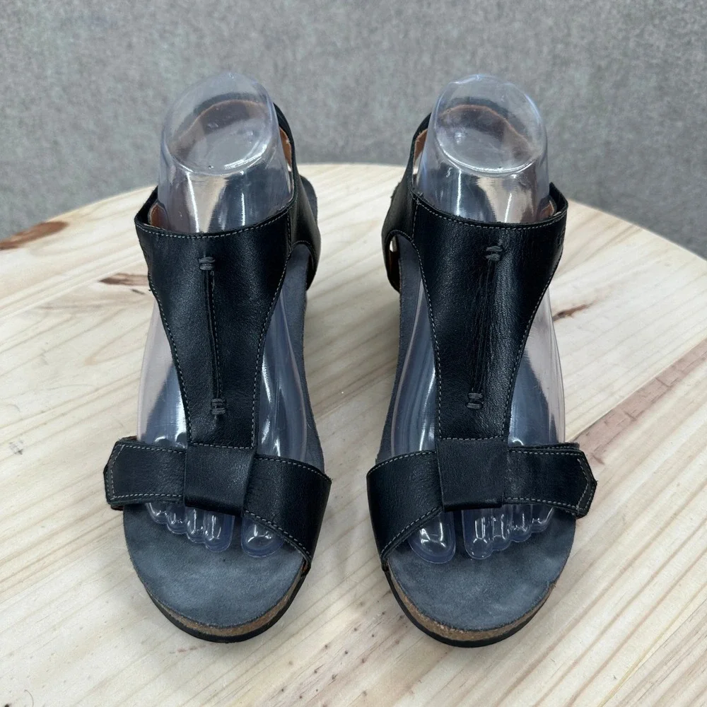 Taos Sheila Wedge Sandals Women 8-8.5 Black Leather T-Strap Cork Footbed Comfort